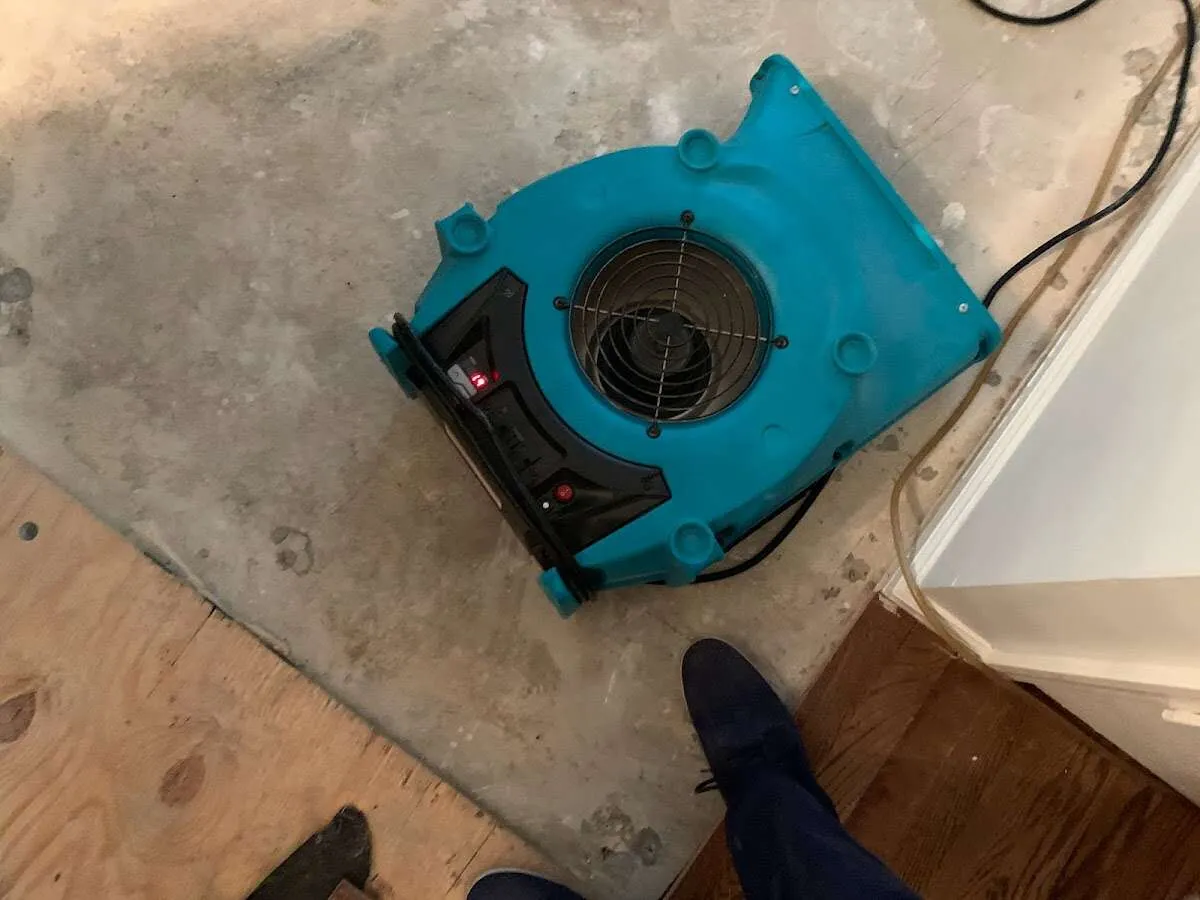 Air mover drying subfloor during Commercial Water Damage Restoration in Rapho